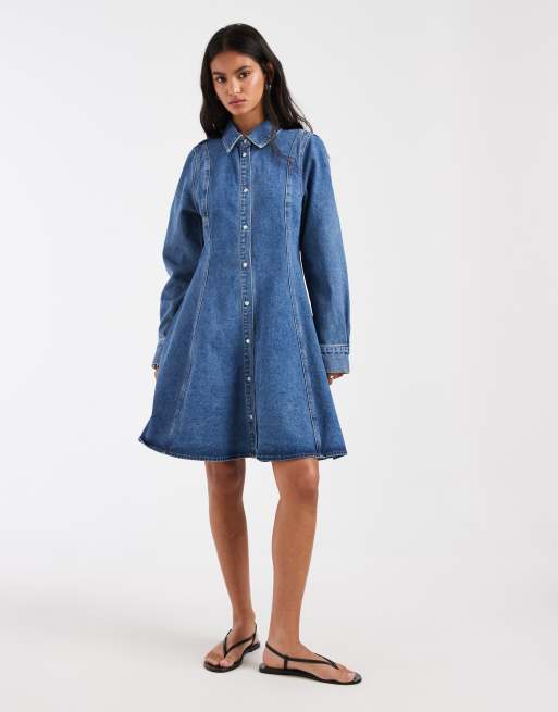 Vero Moda button up seam detail mini dress in medium blue denim, 2 of 4