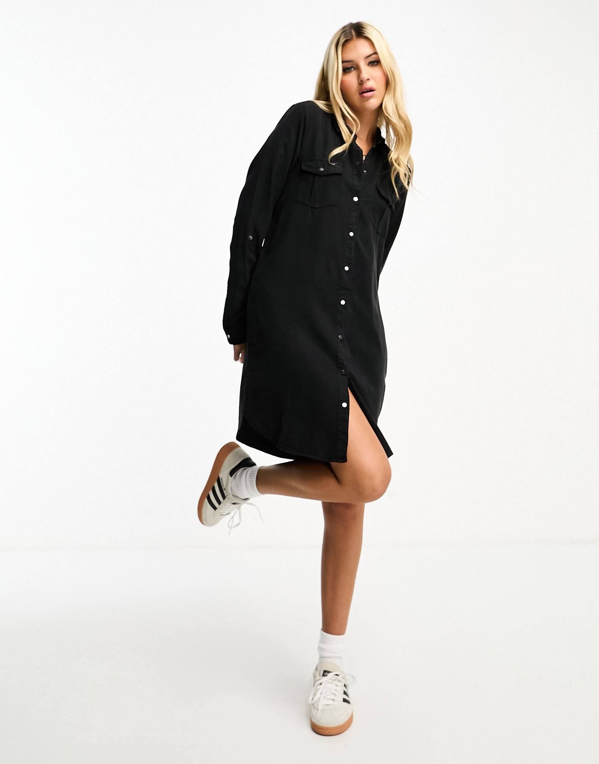 vero moda button up shirt mini dress in black