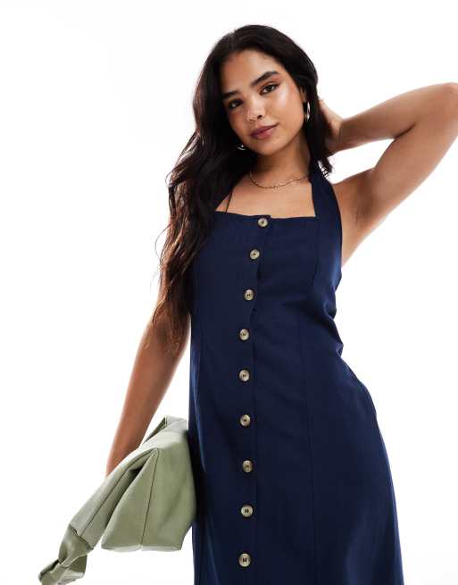 Vero Moda buttondown linen touch halter midi dress in navy ASOS