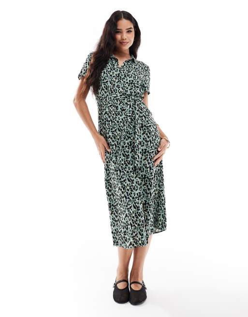 Vero Moda buttondown midi dress in green leopard print | ASOS
