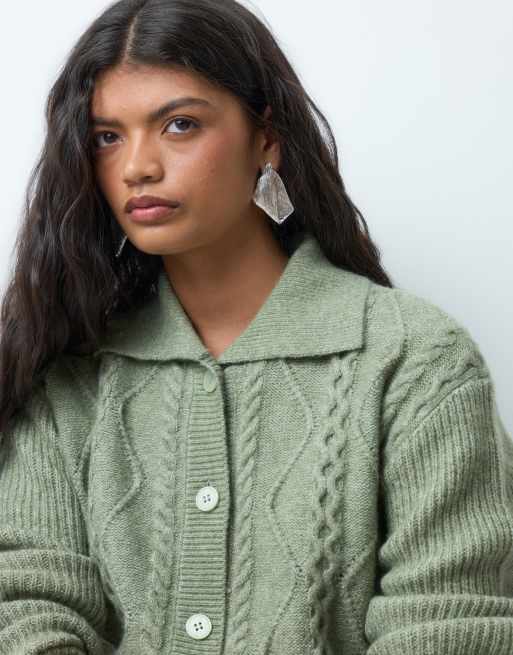 Vero Moda cable knit polo neck cardigan in oil green, 3 of 5