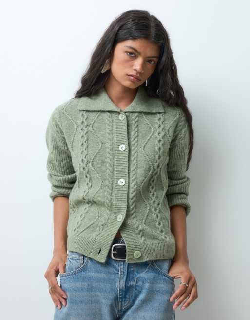 Vero Moda cable knit polo neck cardigan in oil green, 4 of 5