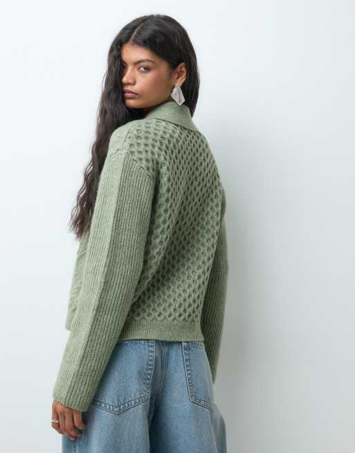 Vero Moda cable knit polo neck cardigan in oil green, 5 of 5
