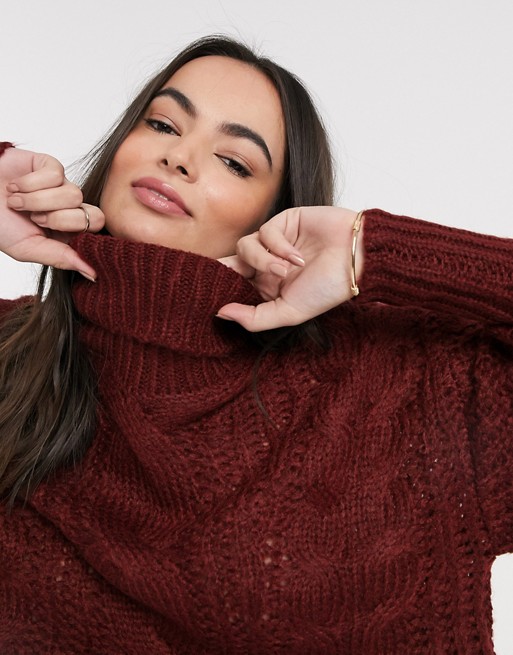 Vero Moda cable knit roll neck jumper in burgundy