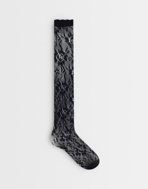 Vero Moda calcetines altos hasta la rodilla transparentes con borde ondulado en negro - view 1