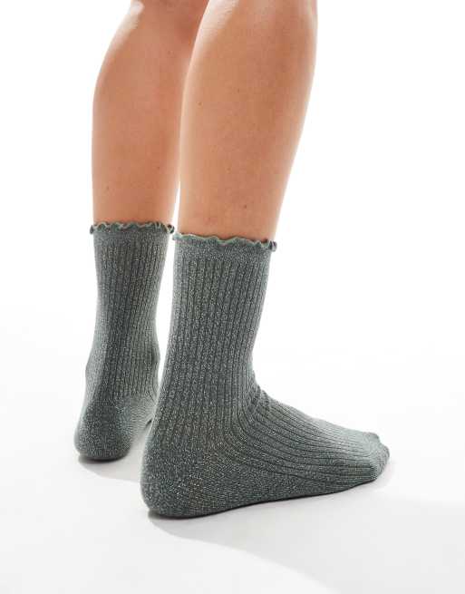 Vero Moda - Calzini glitterati kaki con volant sui bordi , 2 di 4