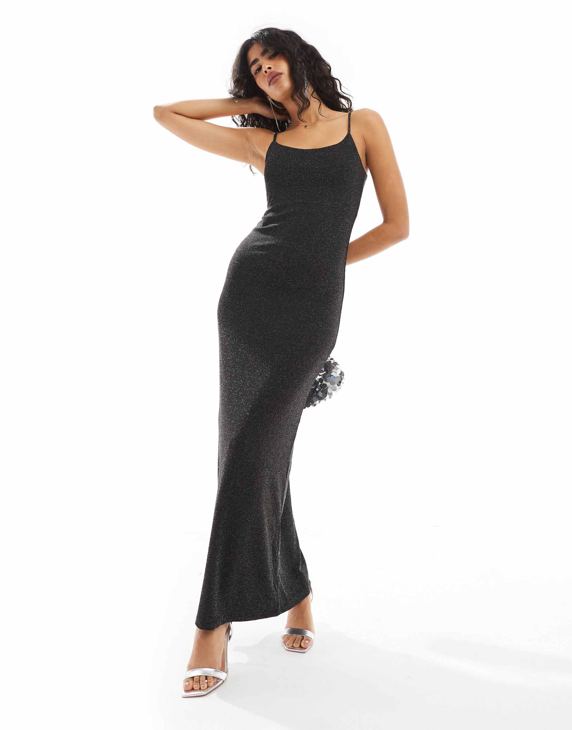 vero moda cami maxi dress in black glitter