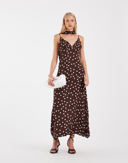 Vero Moda cami maxikjole med tørklædekrave i chokoladefarvet polkaprikket print, 2 af 4