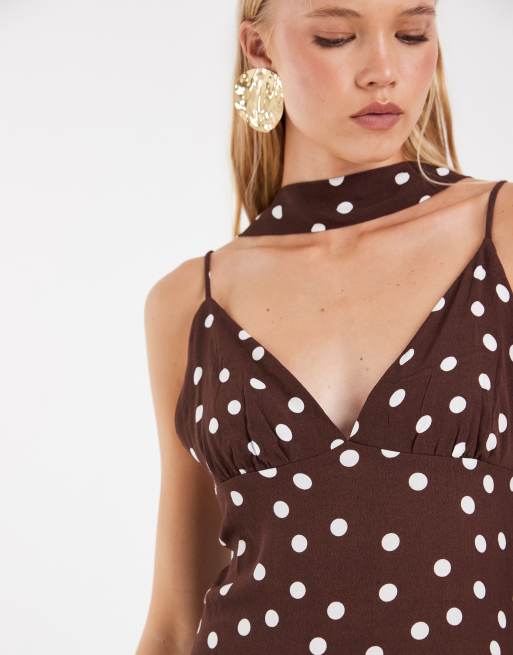 Vero Moda cami maxikjole med tørklædekrave i chokoladefarvet polkaprikket print, 4 af 4