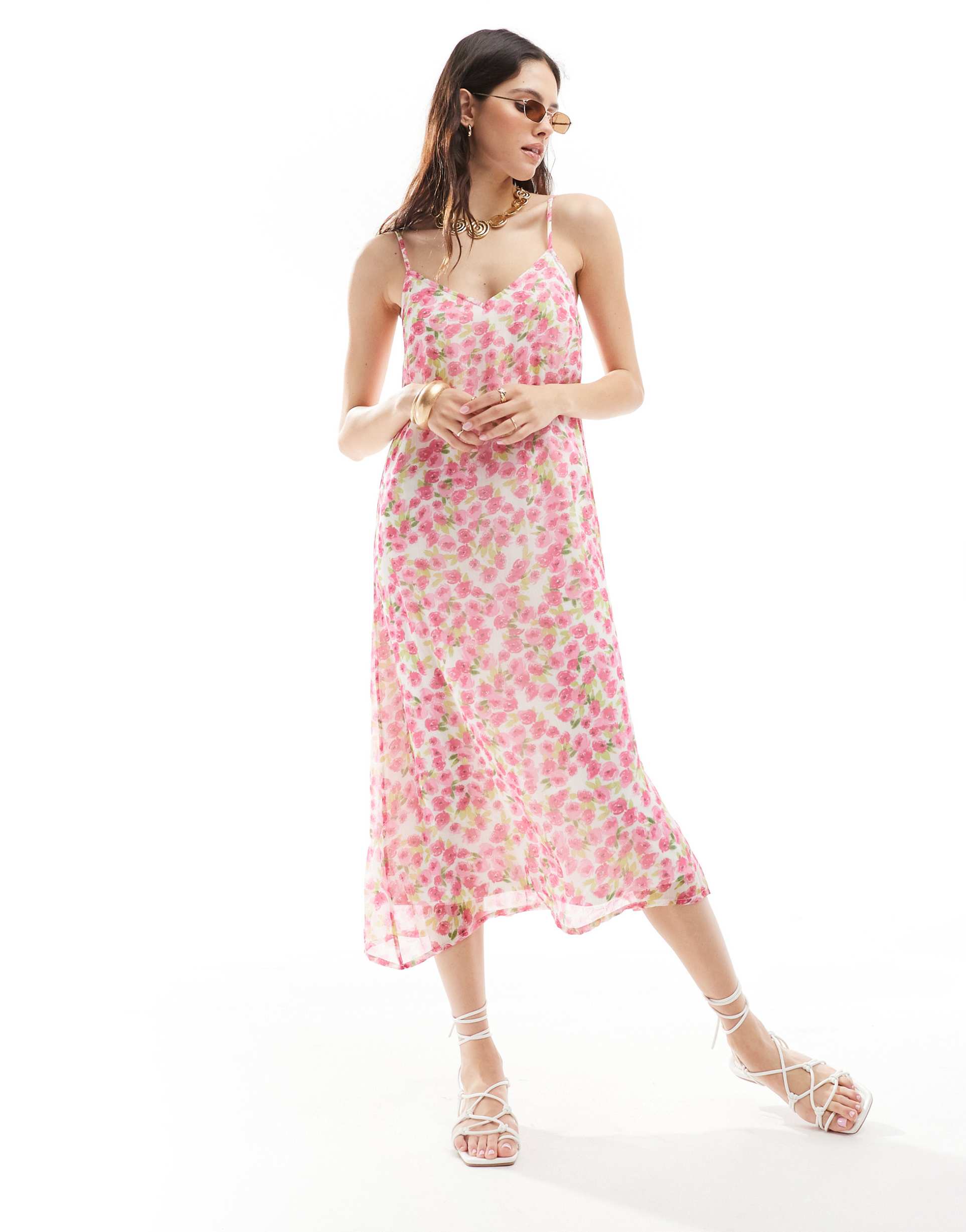 vero moda cami midi dress in pink floral