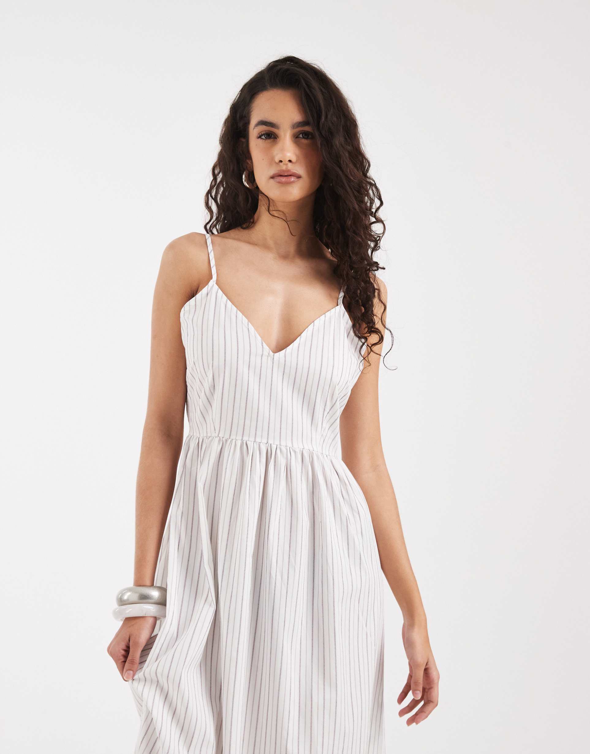 vero moda cami midi dress in white striped print