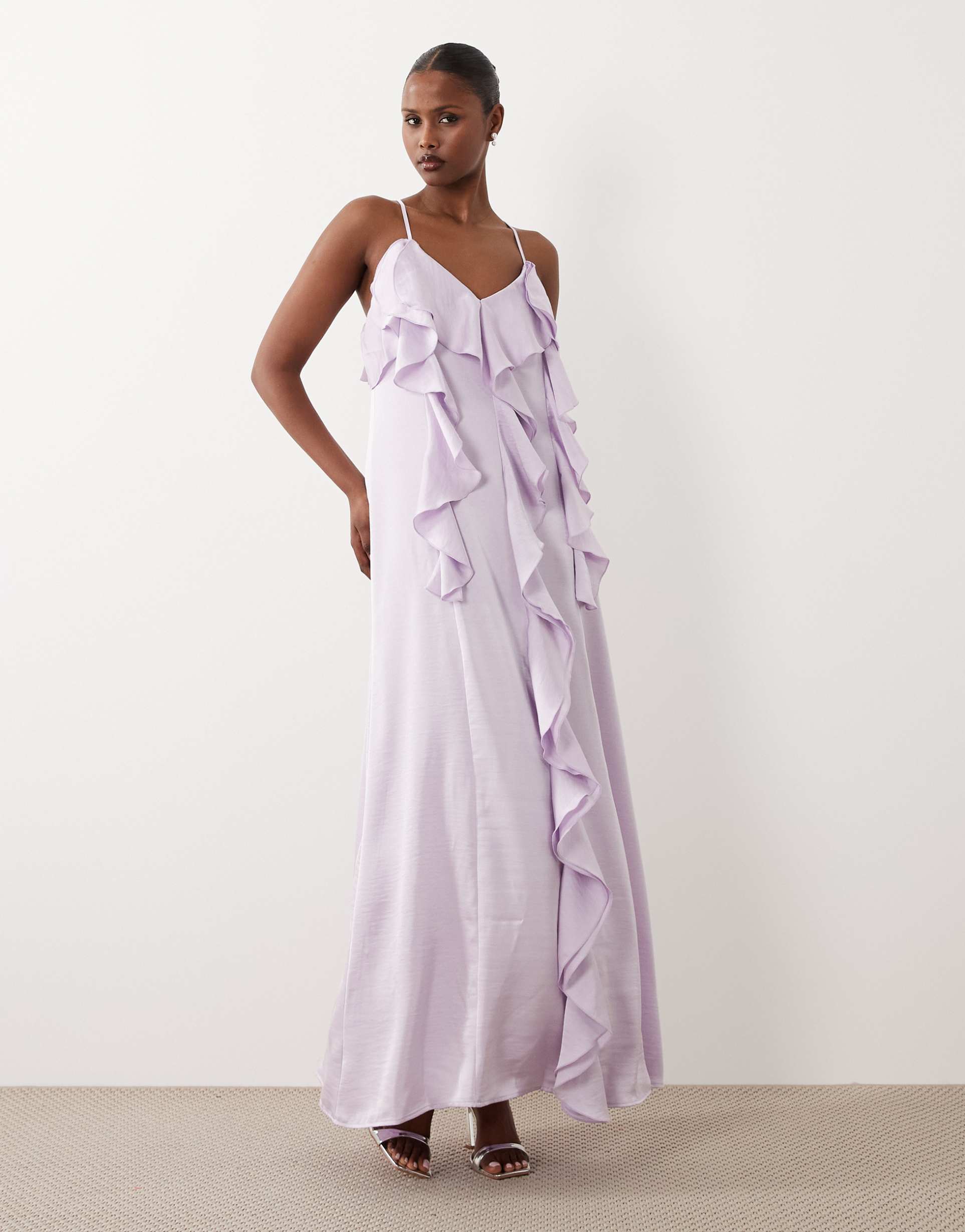 vero moda cami midi dress with ruffle trim detail in lilac
