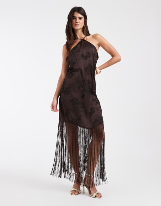 Vero Moda cami strap mini dress with fringe detail skirt in chocolate brown, 2 of 4