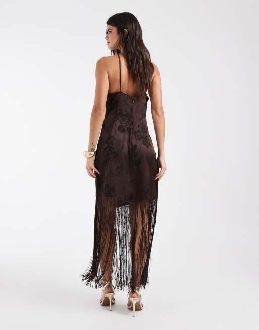 Vero Moda cami strap mini dress with fringe detail skirt in chocolate brown, 4 of 4
