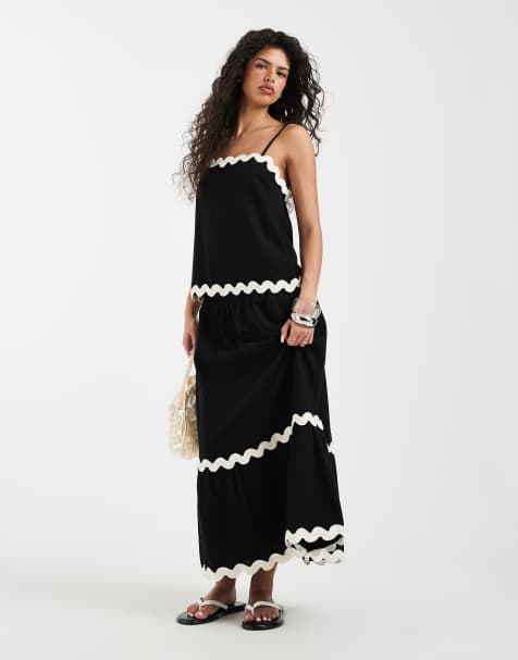 Vero Moda cami top and maxi skirt set with contrast scallop trim in black - view 1
