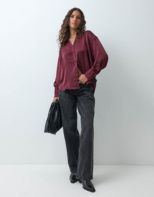 Vero Moda camicia in satin a maniche lunghe, coordinato, bordeaux, 3 di 5
