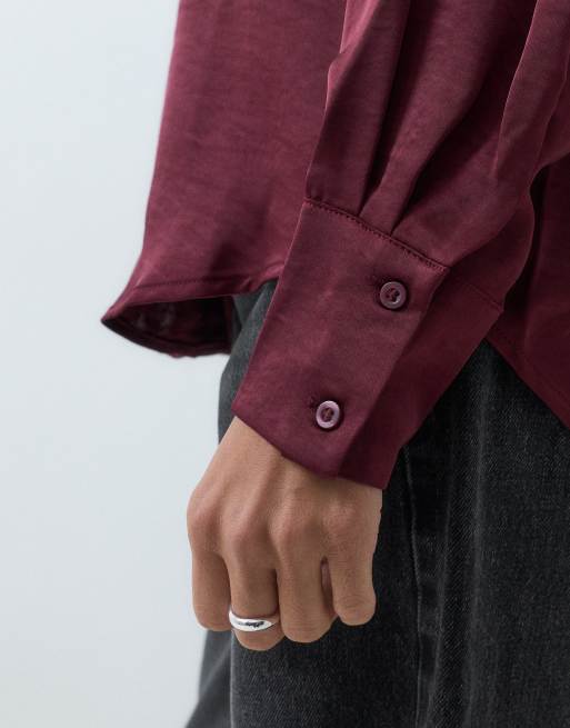 Vero Moda camicia in satin a maniche lunghe, coordinato, bordeaux, 4 di 5