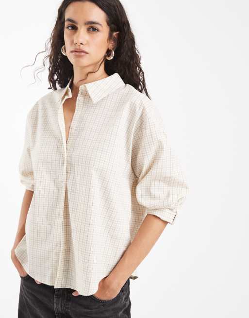 Vero Moda - Camicia oversize color crema e cioccolato con stampa a quadri piccoli