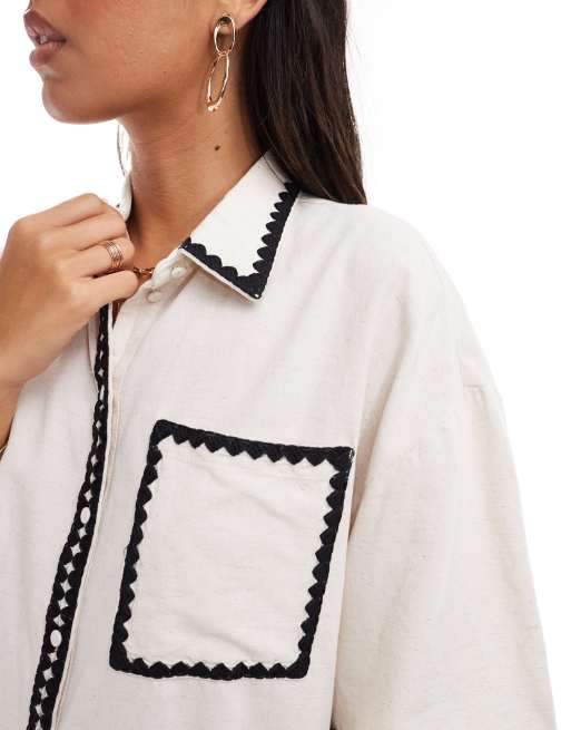Vero Moda - Camicia oversize crema con cuciture a contrasto in coordinato
