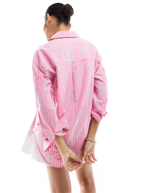 Camicia Donna Oversize Made In Italy, Rosa Chiaro Con Stampa 3D Stelle, Taglie 38/40/42