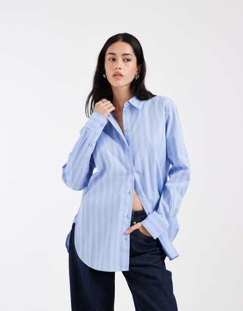 Vero Moda - Camicia Oxford oversize in cotone con stampa a righe blu ortensia - view 1