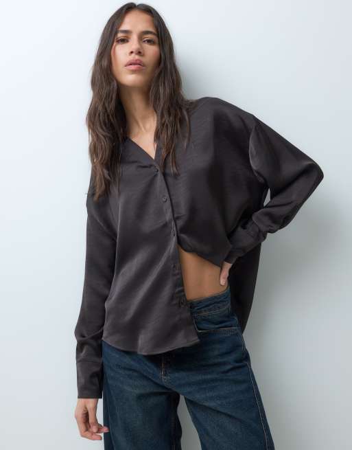 Vero Moda camicia satinata a maniche lunghe color marrone cioccolato, 1 di 5