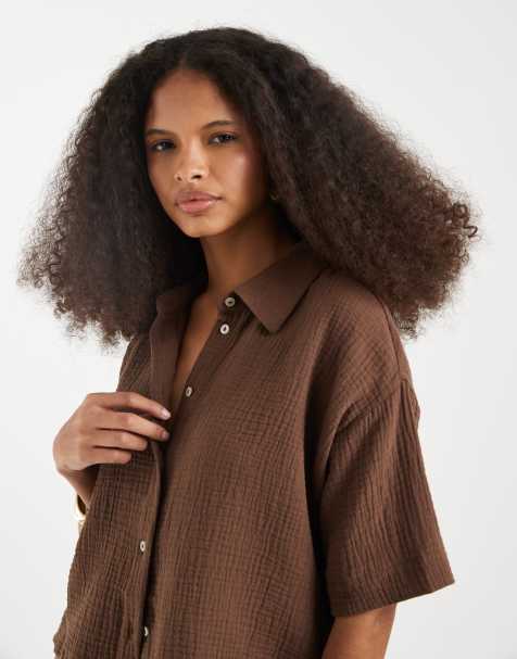 Vero Moda - Camicia squadrata in mussola testurizzata color cioccolato in coordinato - view 1