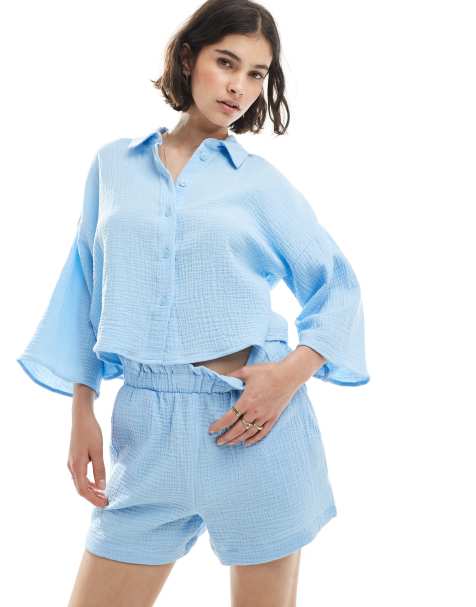 Vero Moda - Camicia taglio corto color blu pastello testurizzata in coordinato - view 1