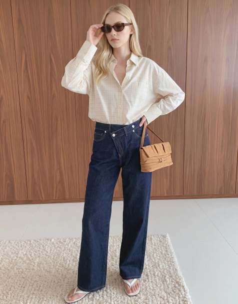 Vero Moda - Camisa color crema a cuadros marrón chocolate pequeños de corte extragrande - view 1
