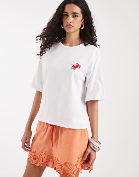 Vero Moda - Camiseta blanca de manga corta con detalle de cangrejo y perlas - view 1
