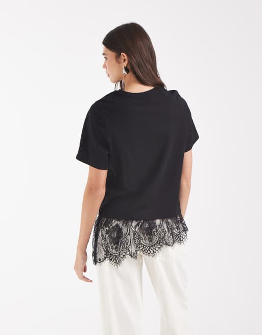 Vero Moda - camiseta con detalle de encaje asimétrico en negro, 3 de 4