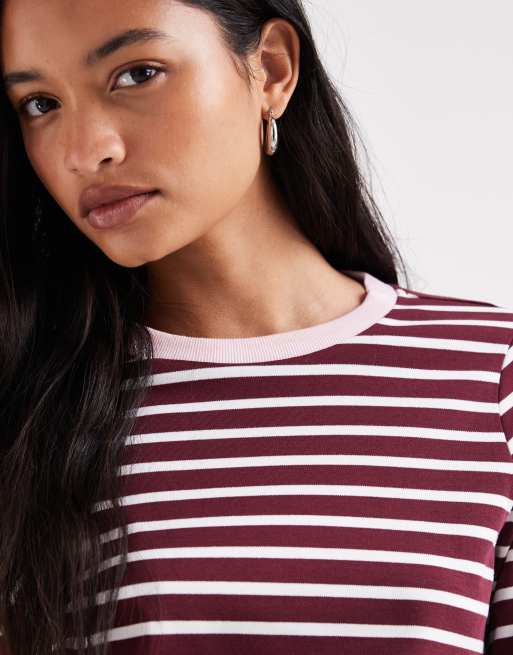 Vero Moda - camiseta de manga larga a rayas con cuello de canalé en contraste en burdeos, 3 de 4