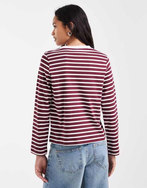 Vero Moda - camiseta de manga larga a rayas con cuello de canalé en contraste en burdeos, 4 de 4