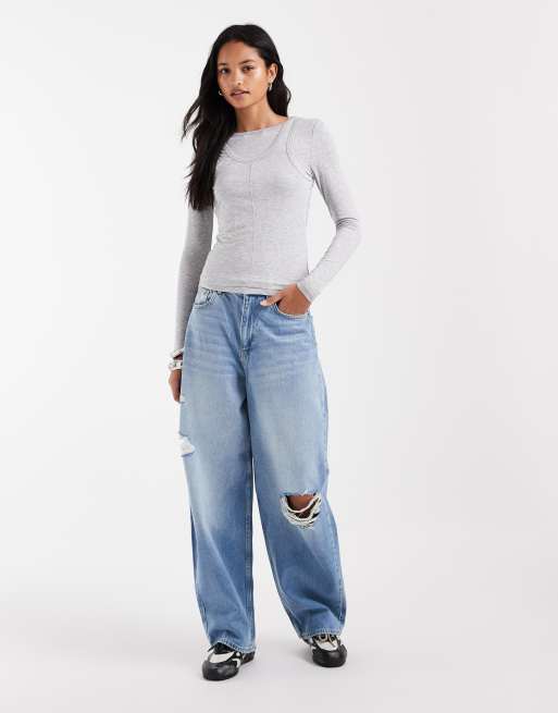 Vero Moda - camiseta de manga larga con capa superpuesta tipo chaleco en gris jaspeado claro, 2 de 4