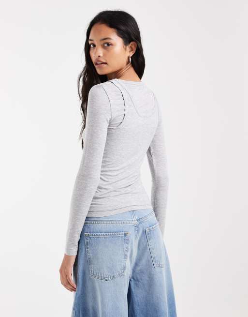 Vero Moda - camiseta de manga larga con capa superpuesta tipo chaleco en gris jaspeado claro, 4 de 4