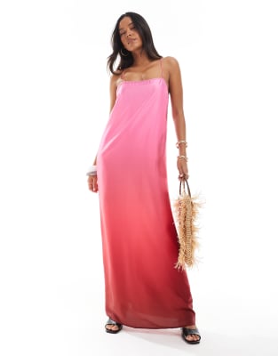 Vero Moda - Camisole-Maxiträgerkleid aus Satin in Rosa und Rot-Ombré mit eckigem Ausschnitt