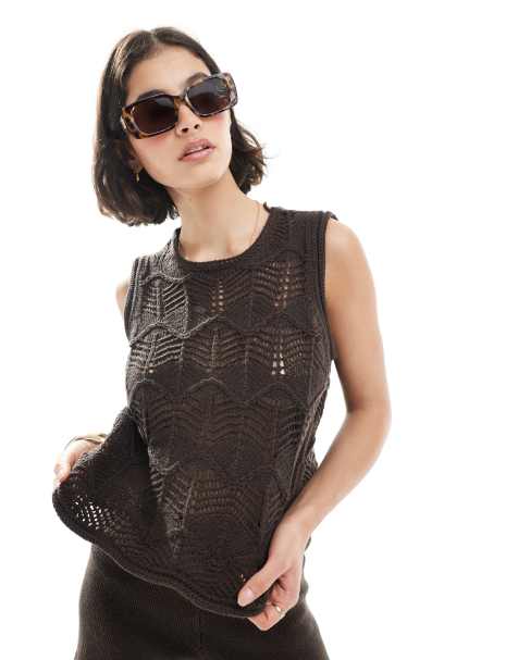 Vero Moda - Canotta in maglia all'uncinetto color marrone cioccolato in coordinato - view 1
