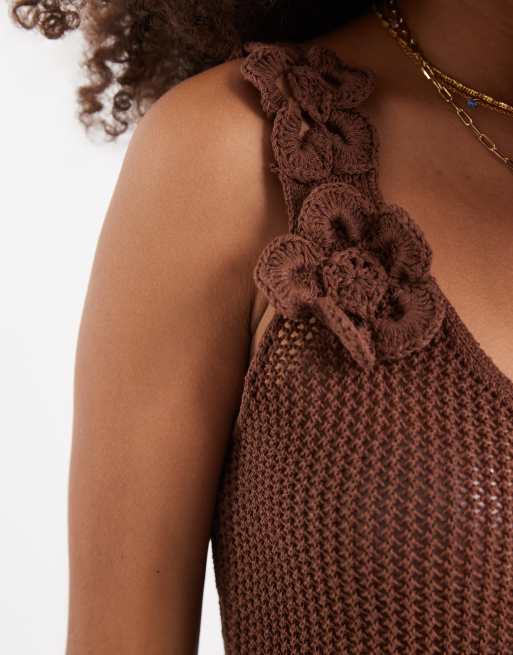 Vero Moda - Canotta in maglia all'uncinetto marrone con applicazioni floreali, 3 di 4
