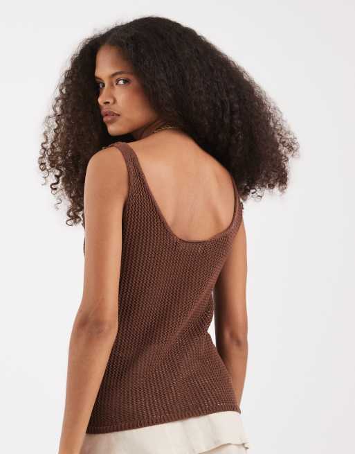 Vero Moda - Canotta in maglia all'uncinetto marrone con applicazioni floreali, 4 di 4