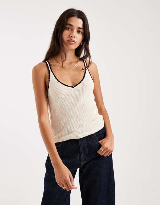 Vero Moda - Canotta in maglia color crema e nera con scollo a V e bordi smerlati a contrasto