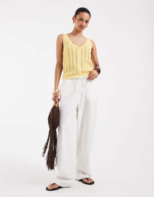 Vero Moda - Canotta in maglia traforata giallo oro con bottoni sul davanti, 2 di 4