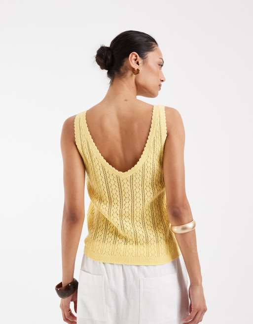 Vero Moda - Canotta in maglia traforata giallo oro con bottoni sul davanti, 4 di 4