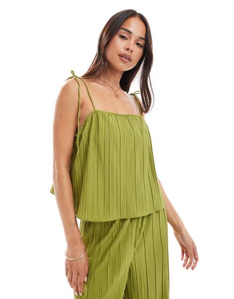 Vero Moda - Canottiera plissé verde oliva con scollo quadrato in coordinato - view 1