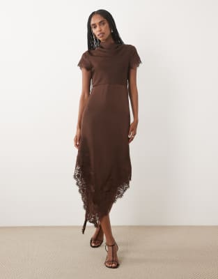 Vero Moda Cap Sleeve Lace Skirt Detail Satin Maxi Dress In Brown