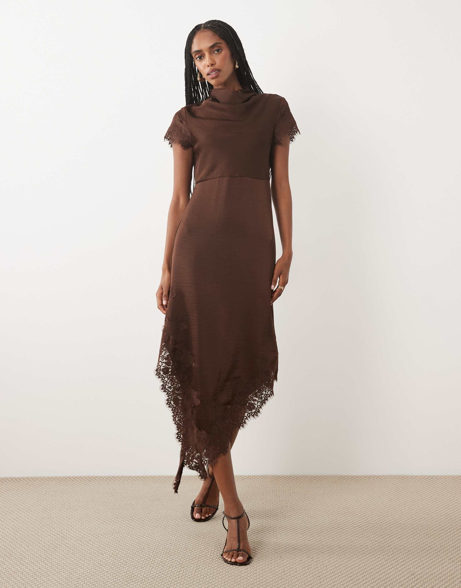 vero moda cap sleeve lace skirt detail satin maxi dress in brown