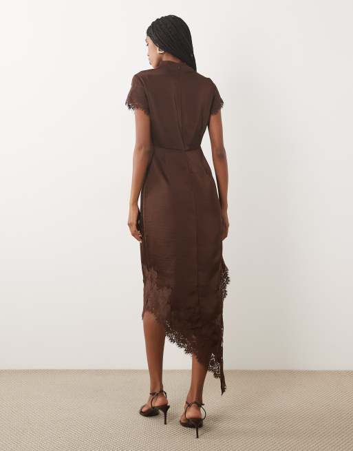 Vero Moda cap sleeve lace skirt detail satin maxi dress in brown, 4 of 4
