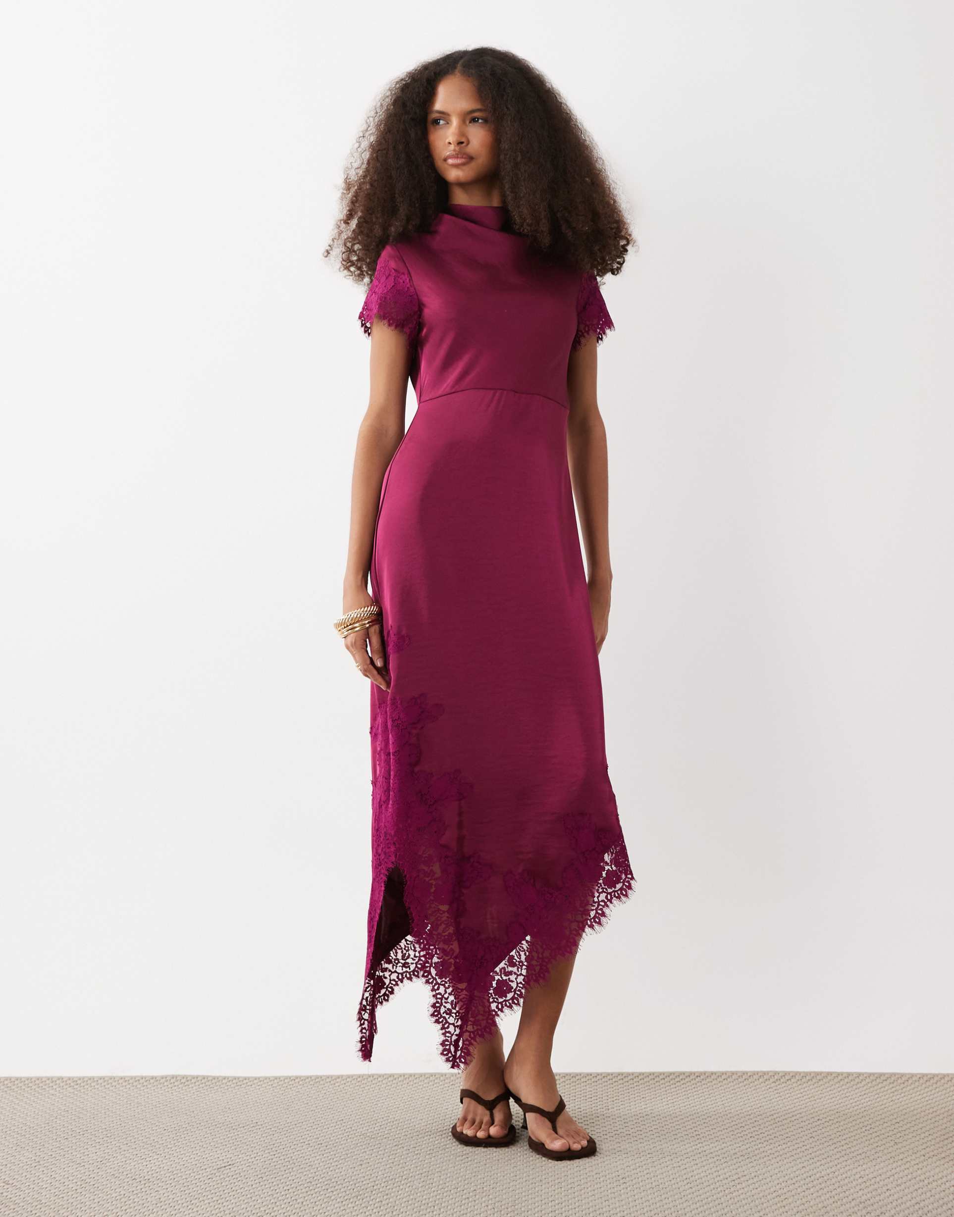 vero moda cap sleeve lace skirt detail satin maxi dress in purple