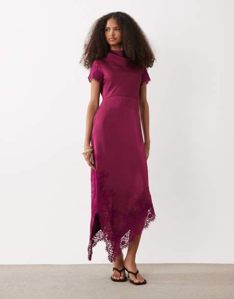 Vero Moda cap sleeve lace skirt detail satin maxi dress in purple