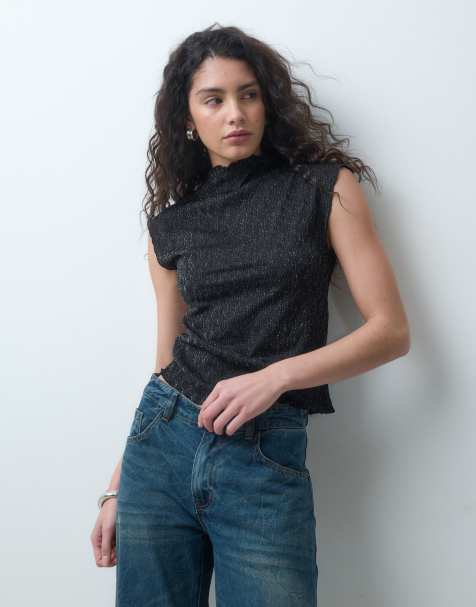Vero Moda cap sleeve mock neck top with glitter in black - view 1