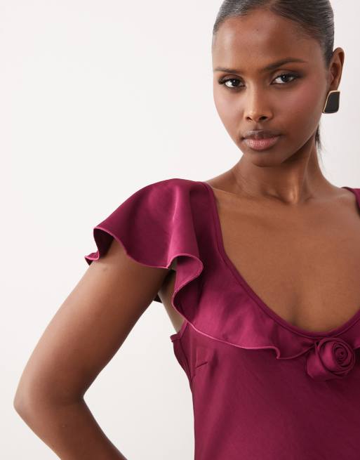 Vero Moda cap sleeve rose detail maxi dress in purple, 2 of 4